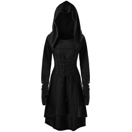 Retro Womens Solid Renaissance Medieval Costume Gothic Long Sleeve Lace Up Hooded Dress -a