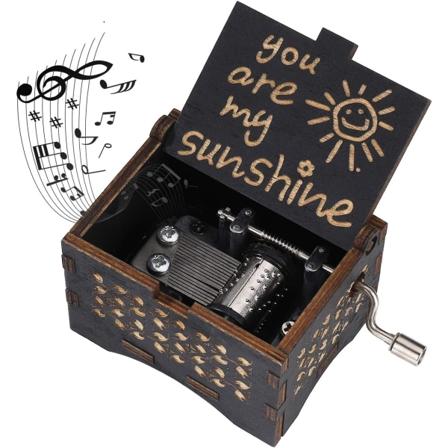 Musikæske i træ med håndsving - You are My Sunshine - Musikæske Gave til fødselsdag, jul, valentinsdag, boligindretning, håndværk, sort