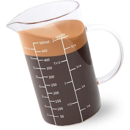1 lasinen mittakuppi kahvalla, 500 ml, kolmella asteikolla (oz, kuppi, ml/cc) ja V-muotoisella kaatonokalla, mittakuppi keittiöön tai ravintolaan