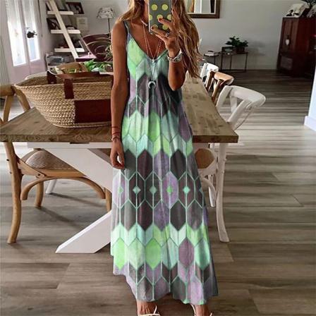 Kvinnor Sommar Ärmlös V-hals Spaghetti Strap Sundress Klänningar