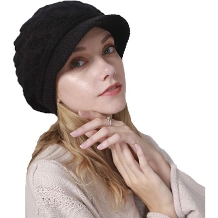 Chic Dame Vinterhat med Skygge, Vintage Dame Vinterhue, Dame Vinterbaret med Skygge, Varm Strikket Damehue Sort
