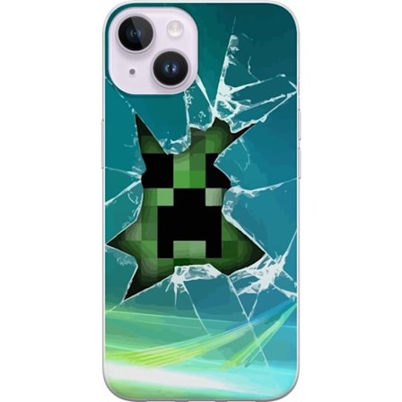 Kompatibel Mobilcover til Apple Apple iPhone 14 Minecraft Creeper gennem knust glas med dramatisk eksplosionseffekt, hvor den ikoniske Creeper bryder