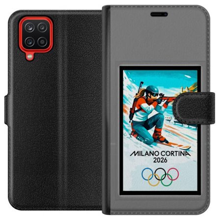 Kompatibelt Lommeboketui til Samsung Galaxy A12 Retroplakat Cortina Milano 2026 med fjell, vintersportsutøvere, italienske trikolor, Milano-katedralen