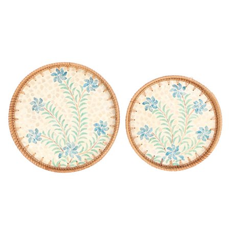 2 kpl:n punottu välipalatarjotin, pyöreä, ekologinen, perinteinen, käsintehty taidetyyli, rottinkinen koristetarjotin ruoalle, hedelmille, Cymbidium-