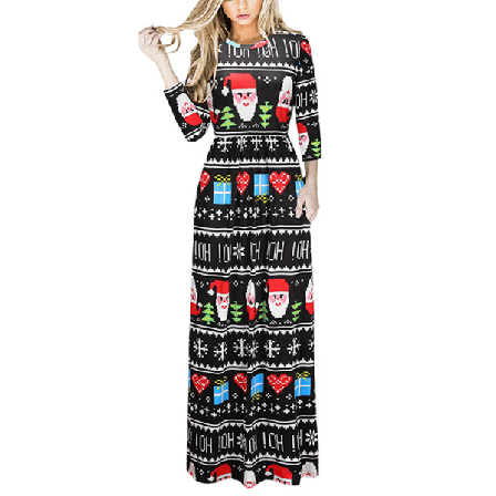 Kvinnor Långärmad Crew Neck Xmas Long Dress Swing Maxiklänningar