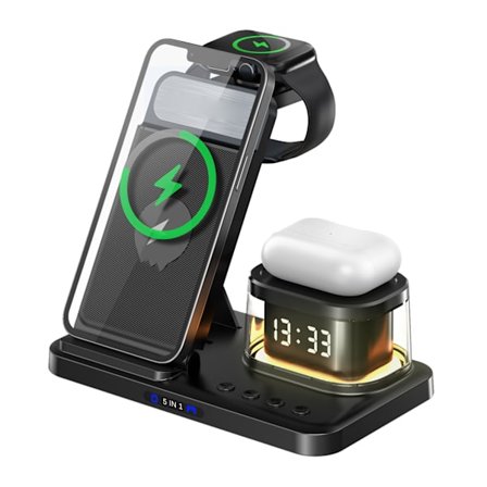 5 i 1 Ladestation Ur Natlys Funktion Bærbar trådløs oplader til mobiltelefon Ur Headset