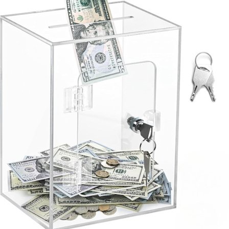 Låsbar Klar Akryl Donasjonsboks med Skiltholder, Pengeinnsamlingsboks med Nøkler, Transparent PVC Stemmeboks for Kontanter, Mynter, Veldedighet, 