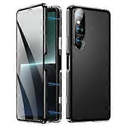 Yhteensopiva Sony Xperia 1 V Magneettinen Adsorptio Kotelo Metallikehys + Karkaistu Lasi + PC Takakansi Kirkas Puhelinkotelo (Musta)