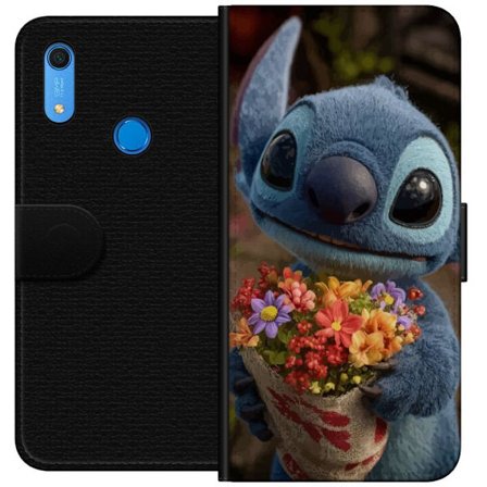 Kompatibel Tegnebogsetui til Huawei Huawei Y6s (2019) Sød blå figur med store øjne, der holder en farverig buket i en varm og kær stil