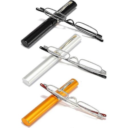 3 paria ohuita mini-metallisia lukulaseja, pienikokoiset, kevyet, kannettavat lukulasit lasikotelolla R:lle