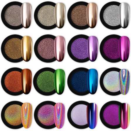 16 purkkia kromikynsilakkaa, kynsitaidetarroja, raitoja, metallinen peiliefekti, holografinen Aurora Chameleon -pigmenttijauhe