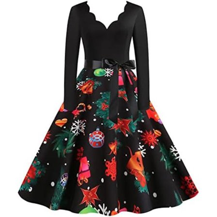 BTBDYDH Halloween Klänning Retro Långärmad V-ringad Klänning Utsvängd Vintage Hepburn Klänningar Pumpa Fladdermus Häxa Tryckt Cosplay Party Kostym 