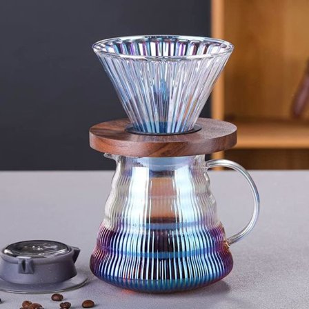 Sett for pour-over kaffebrygger med dryppfilter, kaffebryggersett i glass, glasskaffefilter med trebase, egnet for hjemmekontorgave