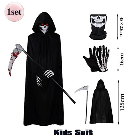 Gysende Halloween Spøgelses Reaper Kostume Hætte Kappe Kranie Maske Handsker Lie Sæt Voksne Børn Gyser Grim Reaper Halloween Dekoration Børne Dragt