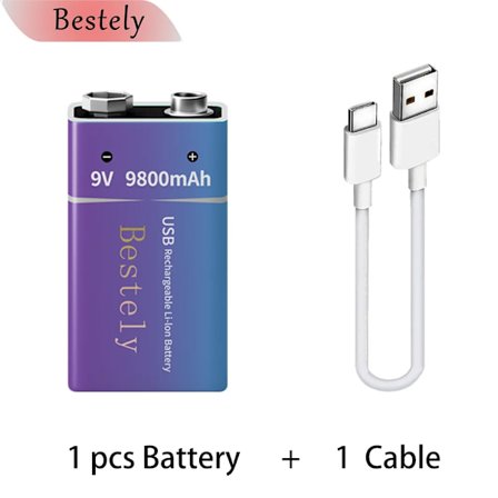 Nyt 9V genopladeligt lithiumbatteri, 9800mAh langtidsholdbare 9v Li-ion-batterier med kabel, til røgdetektor, alarmer, mikrofon