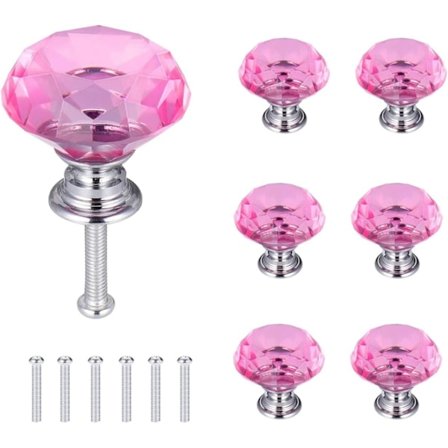 6 stk. krystalknapper til døre, skuffeknapper, diamantgreb med skruer til dekoration af skuffer i hjemmet, køkkenet og kontoret, pink, 30 mm