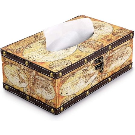 Retro Tissueboks Holder, Tissue Organizer Rektangulær Tre + PU Tissueboks Cover (Gult Kart)
