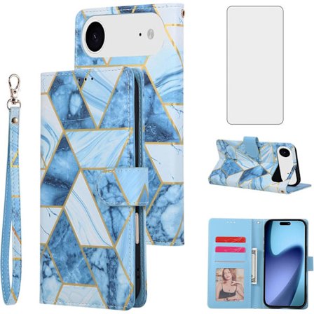 Blå plånboksfodral för Phone 17 Air, 6,6 tums läderfodral med korthållare och härdat glas, stativfunktion för daglig pendling