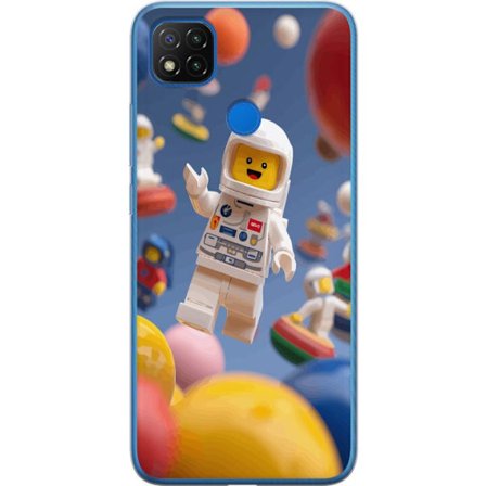 Kompatibelt Mobilskal till Xiaomi Redmi 9C LEGO-inspirerad astronautfigur i rymden bland färgglada planeter, lekfull 3D-illustration för barnrum, af