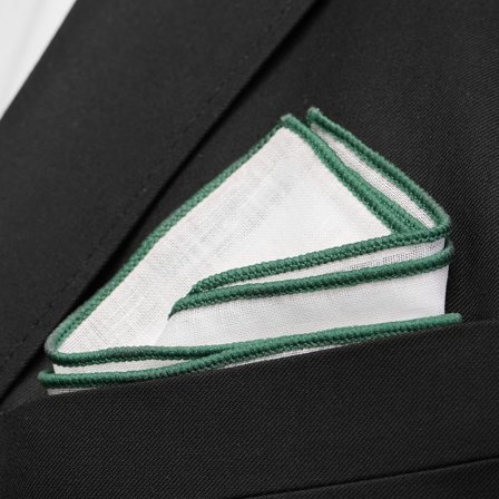 White Pocket Square with Green Edges for Men - Solid Colour Pocket Squares
