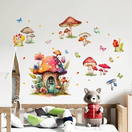 Soppskogs veggklistremerker med søte sopphus og sommerfugler - DIY veggkunst for jenter, barn, barnerom, baby