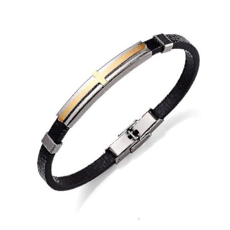 Smalt lær armbånd med messing religiøst korsmønster