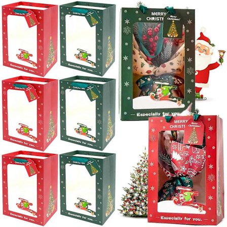 Julegaveposer med vindue og håndtag, julegaveposer i kraftpapir med karton, tykke papirposer til jul, 25×15×35 cm