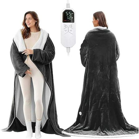 Bærbar opvarmet tæppe med ærmer og fodbeskyttelse - elektrisk komforttæppe med 6 temperaturindstillinger. Unisex/egnet til familiebrug.