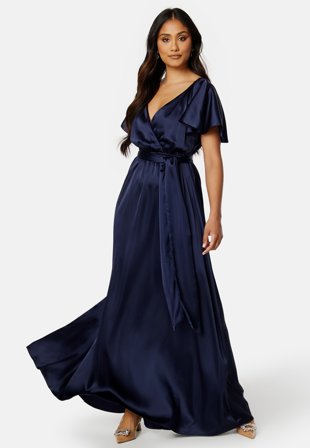 Goddiva Flutter Sleeve Satin Maxi Dress Navy Klær
