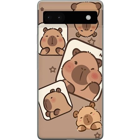 Yhteensopiva Puhelinkuori Google Google Pixel 6a Capybara Frame Friends Leikkisä suunnittelu, jossa on pieniä kapibaareja ruuduissa tähtien ja vaal