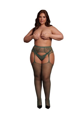 Gröna strumpbyxor med höfthållarlook i nät och spets - PLUS SIZE - Vuxen.se - Sexig kläder i plus size storlekar - Vuxen.se - Plussize höfthållare & 