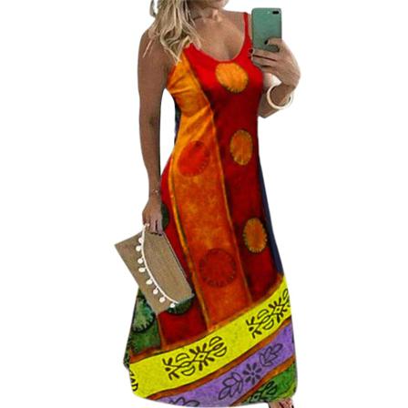 Kvinnor Sommar V-ringad Printed Sling Lång Klänning Etnisk Stil Stor