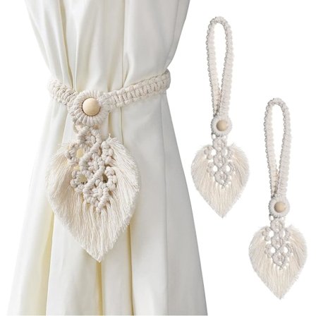 Set med 2 Boho gardinbindinger, blad bomull blonder gardiner