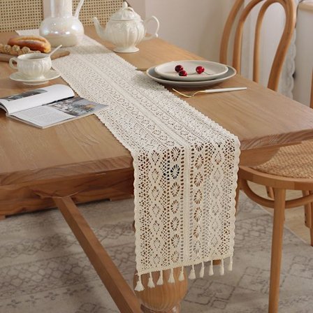 Boho Virkad Bordlöpare, Vintage Bohemian Rustik Farmhouse Macrame Bordlöpare för Kök Kaffe Matbord Byrå Heminredning