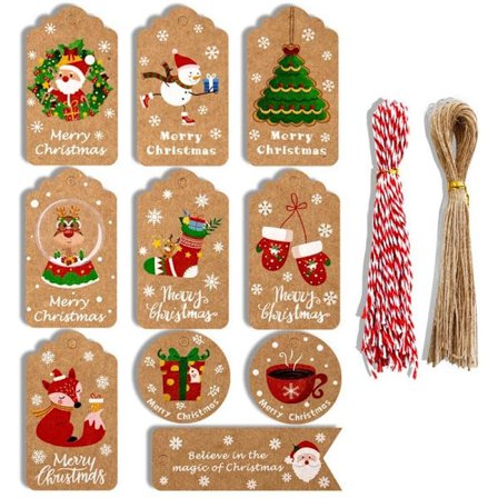 100 stk. Jule Vintage Kraft Papir Tags DIY Julemand Tag med Reb Gave Tag Kort Julepynt