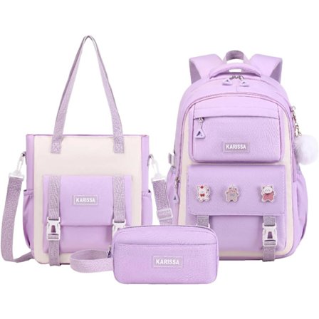 Rygsæk til piger, 3-delt sæt med rygsæk til piger med tyverisikker baglomme, vandafvisende tote-taske med penalhus til folkeskolen