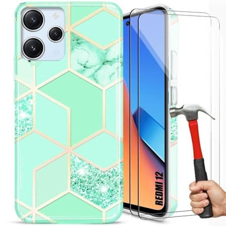 Etui + 2 hærdede briller til Xiaomi Redmi 12 4G-5G (ikke til Redmi Note 12), slankt elegant stødsikkert turkis marmor etui