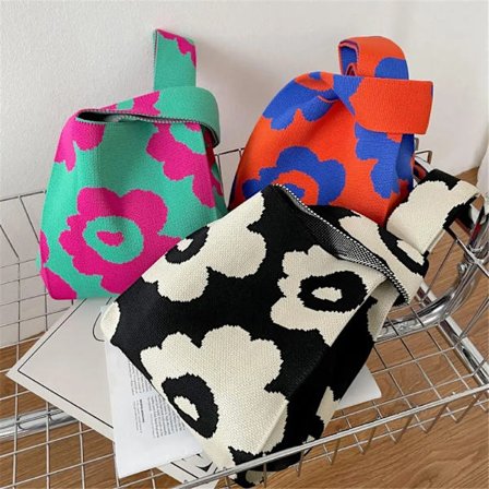 Women Girls Casual Tote Bag Reusable Shopping Bags Knit Handbag Women Flower Knot Wrist Bag
