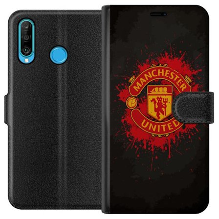 Kompatibelt Lommeboketui til Huawei Huawei P30 lite Manchester United logo i rød og gul farge med røff sportslig bakgrunn