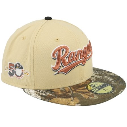 New Era - MLB Beige fitted Casquette - Texas Rangers Camping Pack 59FIFTY 50th Anniversary Vgold/Real Tree Fitted @ Hatstore