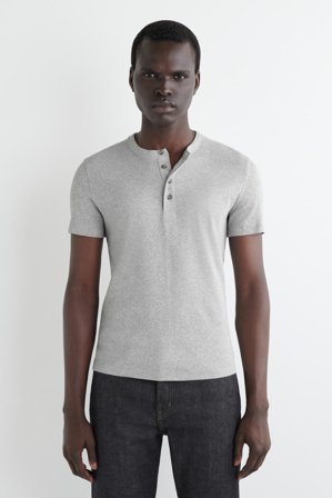 COS Men's Slim-Fit Ribbed Henley T-Shirt in Grey