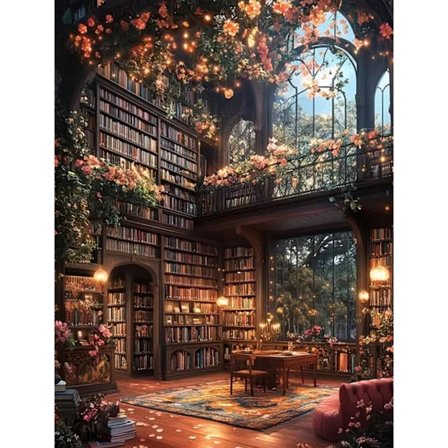 Diamond Painting Kits til voksne, Bogreol Blomsterhus Diamond Art Kits til begyndere, DIY Fuld Drill Gem Art Mal med diamanter til boligindretning 30*