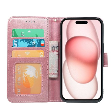 Etui til iPhone 16E Rose gull flip lommebok kalveskinn fotoramme stativ lær