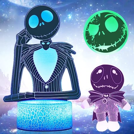 Jack Skellington 3D Illusions nattlys, 3 mønstre og 16 farger Halloween Town Pumpkin King LED skrivebordslampe med fjernkontroll for barnegavene 