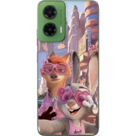 Kompatibelt Mobildeksel til Motorola Motorola Moto G35 Animerede dyr i et solfylt bymiljø med rosa solbriller og en positiv melding i en fargerik fee