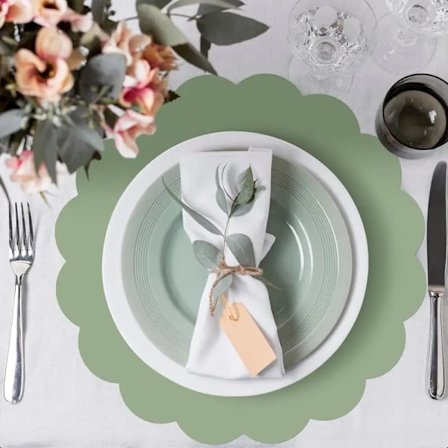 1 st Salviagrön Pappersplacemats, 34 cm Kammusslad Placemat Runda Bordsunderlägg Dekorativt Papper för Födelsedag Bröllop Möhippa Baby Shower