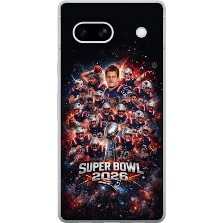 Yhteensopiva Puhelinkuori Google Pixel 7a Super Bowl 2026 juliste, jossa New England Patriots ja NFL-mestaruuspalkinto räjähtävän urheilullisessa suun