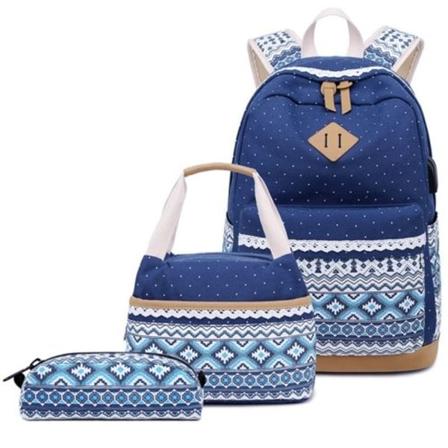 Sæt med 3 1905-1 Polka Dot Canvas Rygsæk Studerende Skole Taske (Mørkeblå)