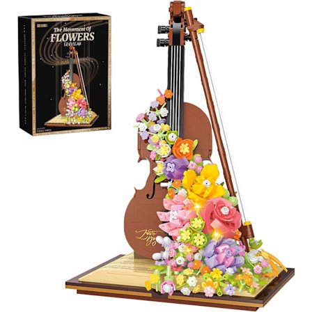 Violin instrument byggeklodssæt, kreativ DIY violinmodel, bygget med blomster (950 stykker)