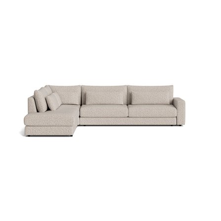 Sevilla Ecksofa, links in Puente Hell Greige, modernes Design, komfortable Polsterung, L-Form für das Wohnzimmer, strukturiert, Höhe 85cm.